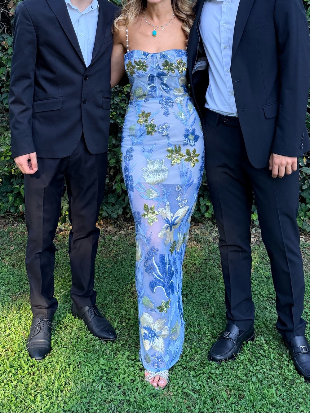 Bronx and Banco Light Blue Floral Strapless Maxi Dress